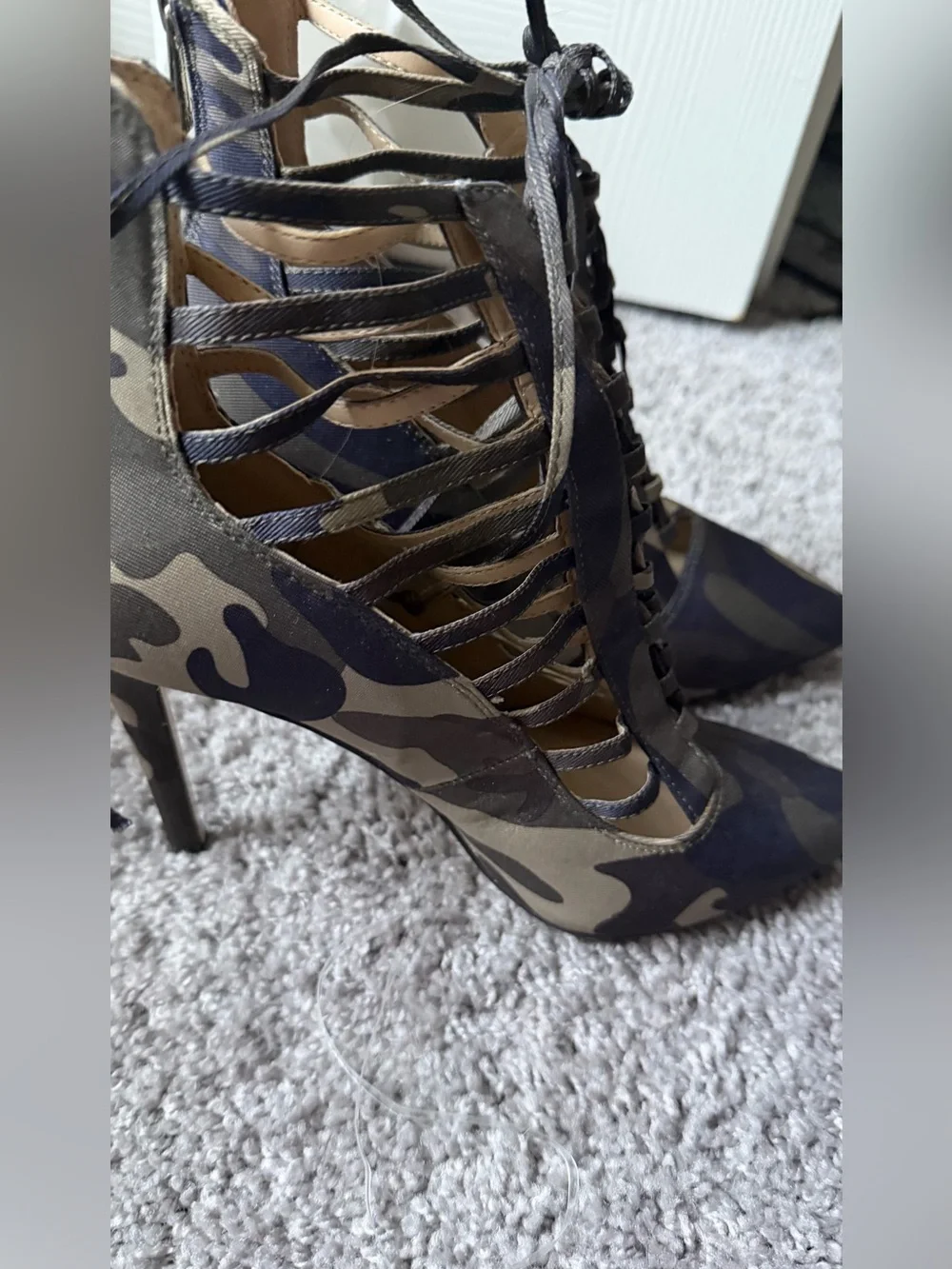 Jessica Simpson Camouflage Lace-Up Stiletto Heels in Olive & Black